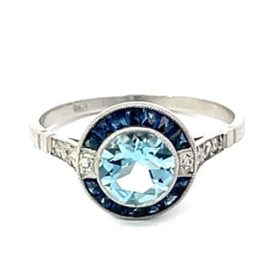 Front view of 0.78ct Round Cut Aquamarine Engagement Ring, Sapphire Halo, Platinum