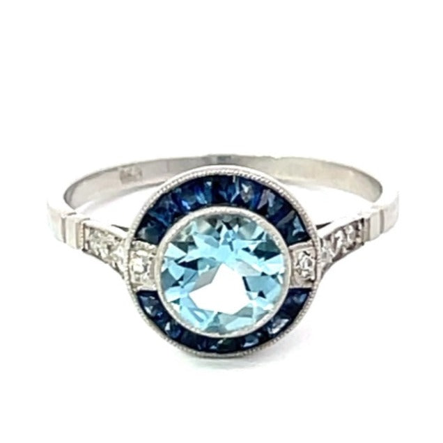 Front view of 0.78ct Round Cut Aquamarine Engagement Ring, Sapphire Halo, Platinum