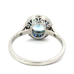 Back view of 0.78ct Round Cut Aquamarine Engagement Ring, Sapphire Halo, Platinum