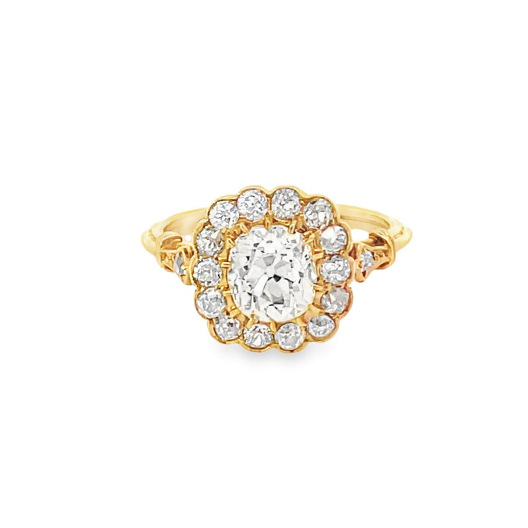 Front view of 1.30ct Antique Cushion Cut Diamond Cluster Engagement Ring
