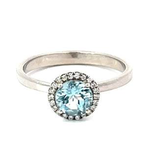 Front view of 0.80ct Round Cut Natural Aquamarine Engagement Ring, Diamond Halo, White Gold