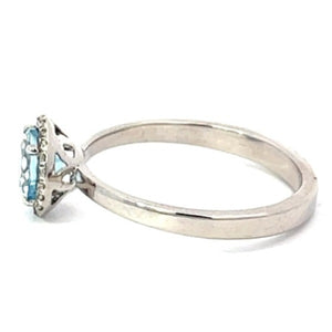 Side view of 0.80ct Round Cut Natural Aquamarine Engagement Ring, Diamond Halo, White Gold