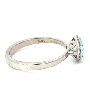 Side view of 0.80ct Round Cut Natural Aquamarine Engagement Ring, Diamond Halo, White Gold