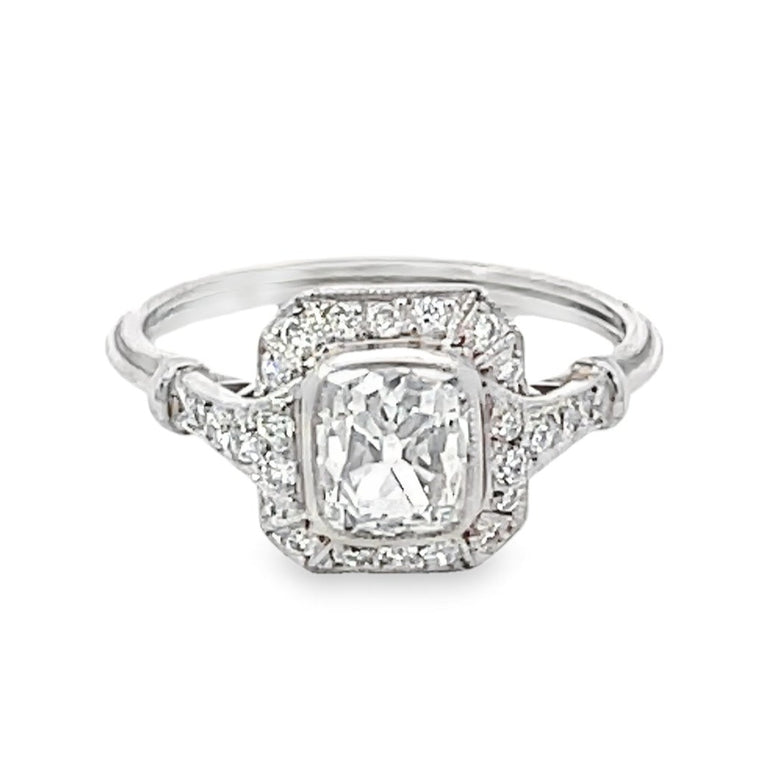 Front view of GIA 1.10ct Antique Cushion Cut Diamond Engagement Ring