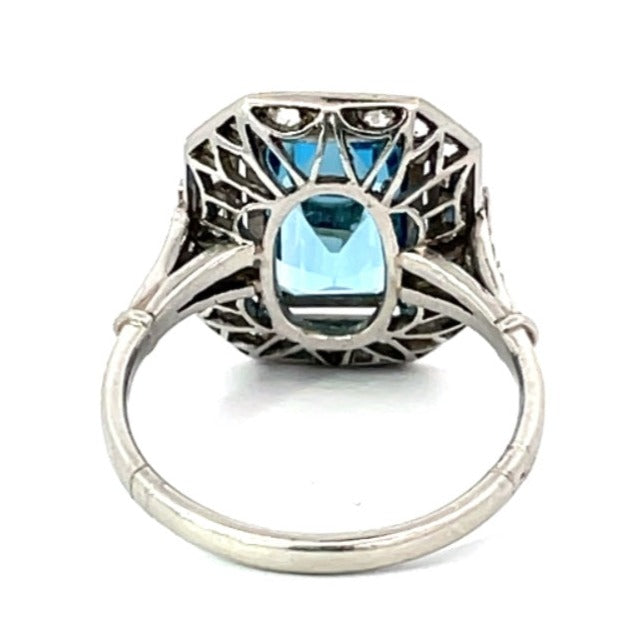 Back view of 2.54ct Emerald Cut Aquamarine Engagement Ring, Diamond Halo, Platinum