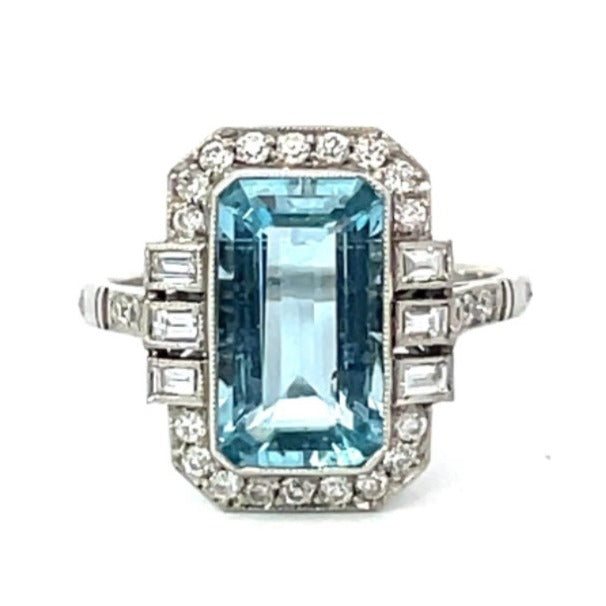 Front view of 2.35ct Emerald Cut Natural Aquamarine Cocktail Ring, Platinum