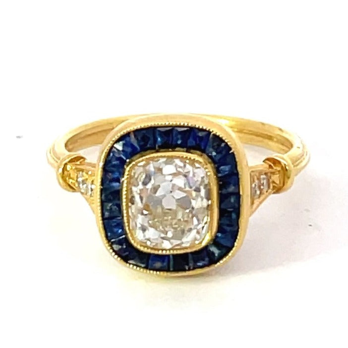 Front view of GIA 1.36ct Antique Cushion Cut Diamond Engagement Ring, Sapphire Halo