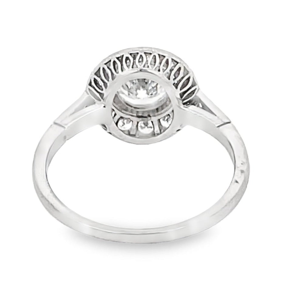 Back view of 0.65ct Round Brilliant Cut Diamond Engagement Ring, Diamond Halo, Platinum