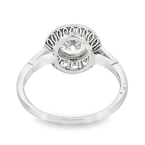 Front view of 0.65ct Round Brilliant Cut Diamond Engagement Ring, Diamond Halo, Platinum