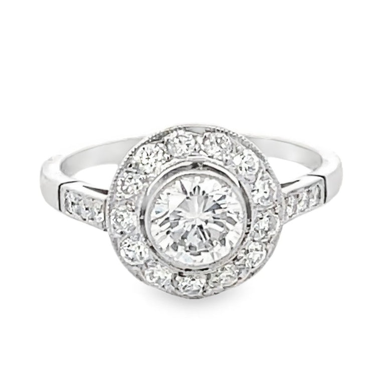 Front view of 0.65ct Round Brilliant Cut Diamond Engagement Ring, Diamond Halo, Platinum