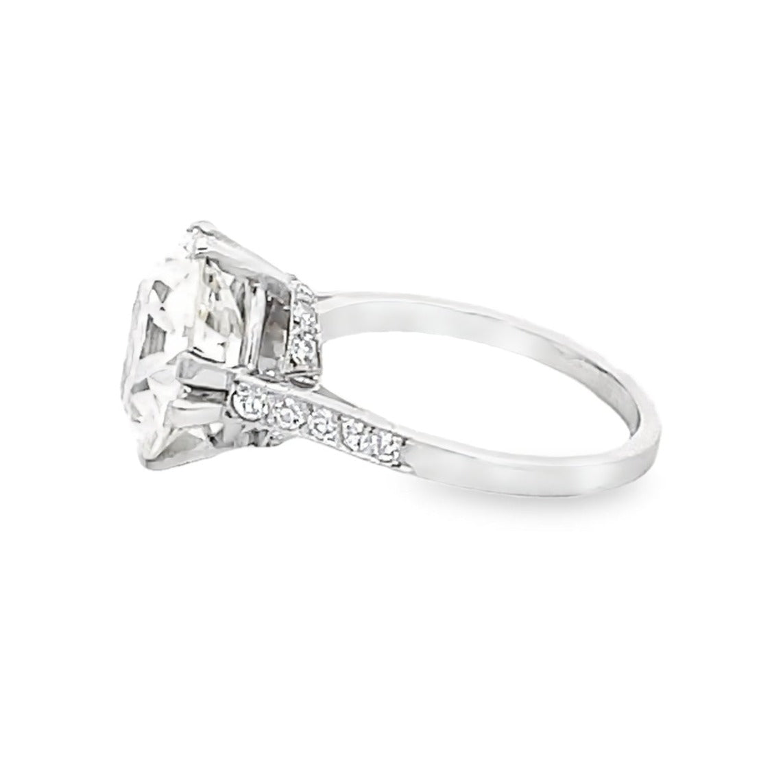 Side view of Antique 5.21ct Old European Diamond Solitaire Ring, VS1 Clarity, Platinum