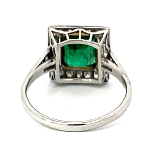 Back view of 1.84ct Emerald Cut Natural Emerald Engagement Ring, Diamond Halo, Platinum