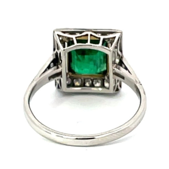 Front view of 1.84ct Emerald Cut Natural Emerald Engagement Ring, Diamond Halo, Platinum