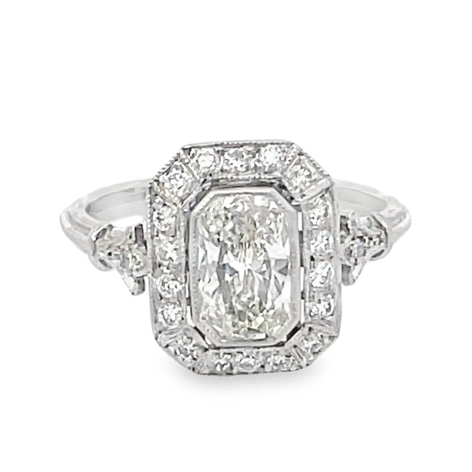 Front view of GIA 0.95ct Cushion Cut Diamond Engagement Ring, Diamond Halo, Platinum