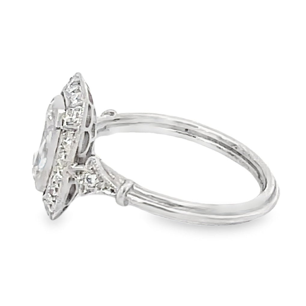 Side view of GIA 0.95ct Cushion Cut Diamond Engagement Ring, Diamond Halo, Platinum