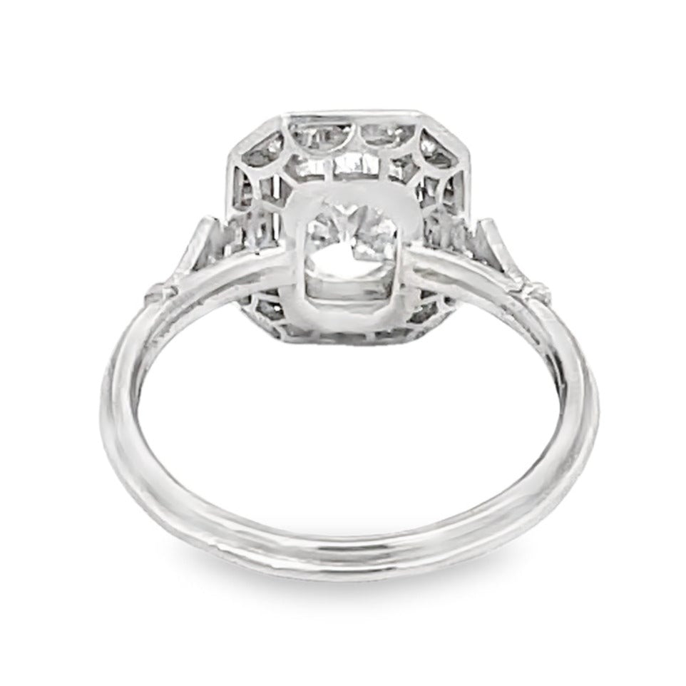 Back view of GIA 0.95ct Cushion Cut Diamond Engagement Ring, Diamond Halo, Platinum