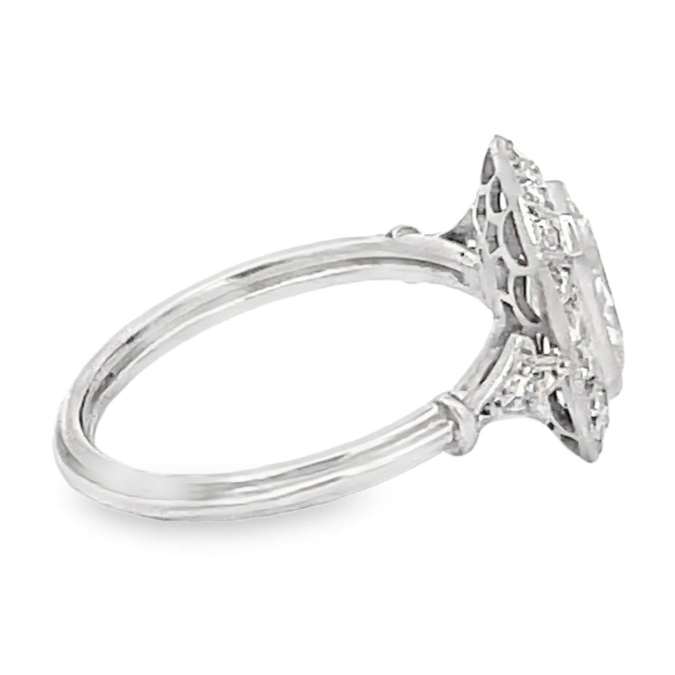 Side view of GIA 0.95ct Cushion Cut Diamond Engagement Ring, Diamond Halo, Platinum