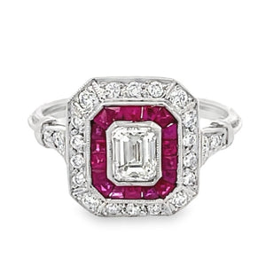 Front view of 0.52ct Emerald Cut Diamond Engagement Ring, Double Halo, Platinum