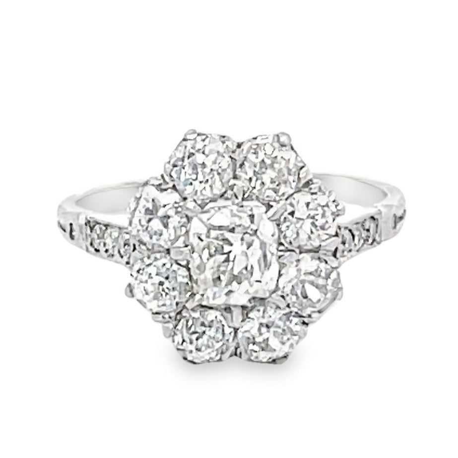 Front view of 0.65ct Antique Cushion Cut Diamond Engagement Ring, I Color, Platinum