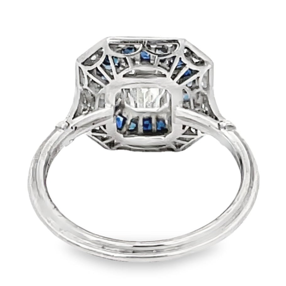 Back view of GIA 0.87ct Emerald Cut Diamond Engagement Ring, Double Halo, Platinum