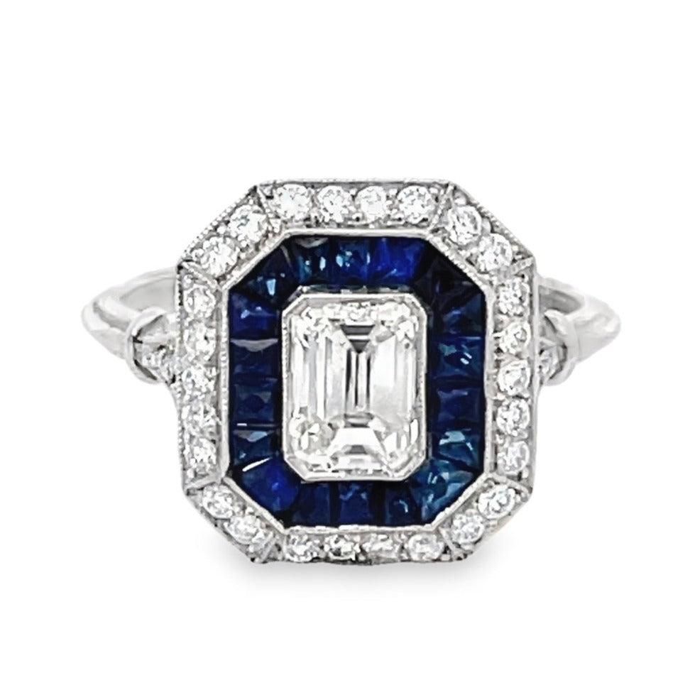 Front view of GIA 0.87ct Emerald Cut Diamond Engagement Ring, Double Halo, Platinum