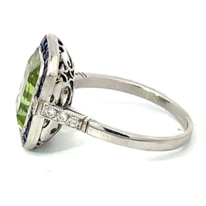 Side view of 3.72ct Emerald Cut Peridot Cocktail Ring, Sapphire Halo, Platinum