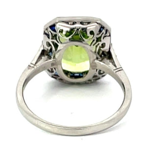 Back view of 3.72ct Emerald Cut Peridot Cocktail Ring, Sapphire Halo, Platinum