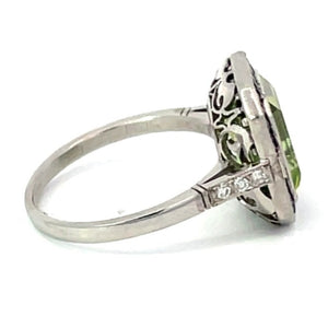 Side view of 3.72ct Emerald Cut Peridot Cocktail Ring, Sapphire Halo, Platinum