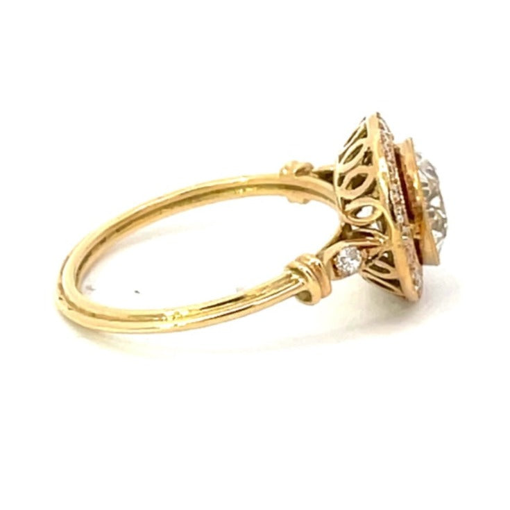 Side view of Antique 2.07ct Old European Cut Diamond Engagement Ring, Diamond Halo, 18K Gold