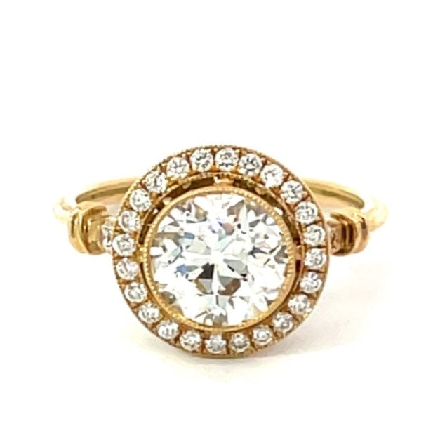 Front view of Antique 2.07ct Old European Cut Diamond Engagement Ring, Diamond Halo, 18K Gold