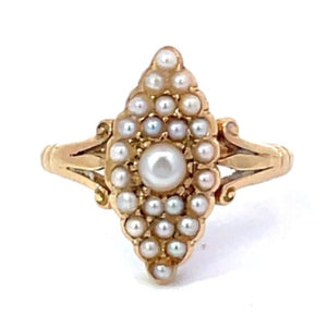 Front view of Antique Navette Pearl Cluster Ring, 18k Yellow Gold