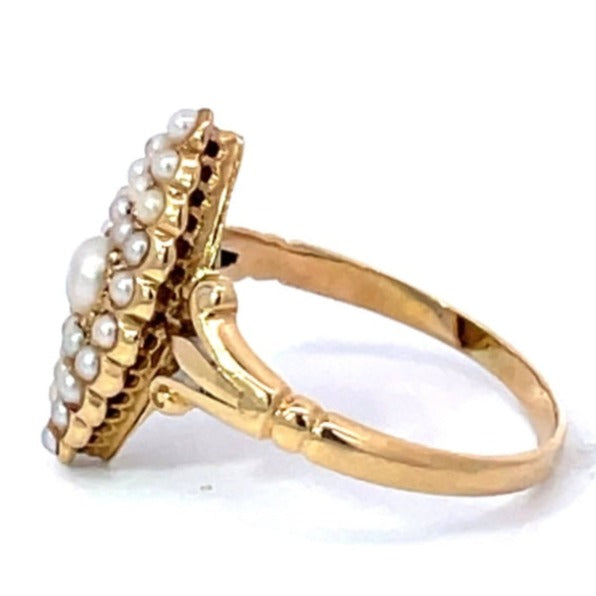 Side view of Antique Navette Pearl Cluster Ring, 18k Yellow Gold