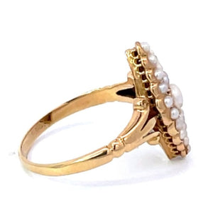 Side view of Antique Navette Pearl Cluster Ring, 18k Yellow Gold