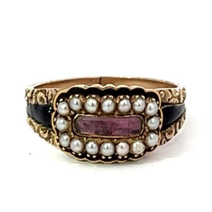 Front view of Antique Portrait Cut Pink Topaz Cocktail Ring, Sea Pearl Halo, 18k Yellow Gold