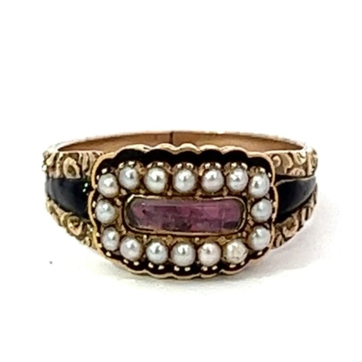 Front view of Antique Portrait Cut Pink Topaz Cocktail Ring, Sea Pearl Halo, 18k Yellow Gold