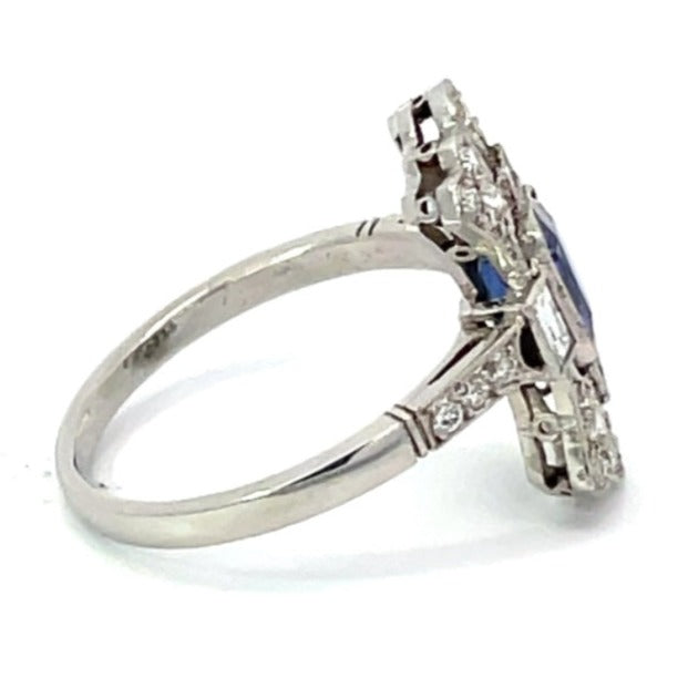 Side view of 1.15ct Cushion Cut Sapphire Cocktail Ring, Diamond Halo, Platinum