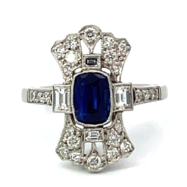 Front view of 1.15ct Cushion Cut Sapphire Cocktail Ring, Diamond Halo, Platinum