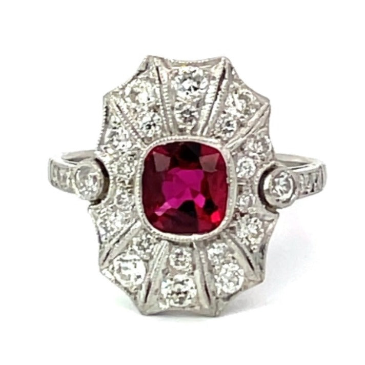 Front view of 0.97ct Cushion Cut Natural Burma Ruby Cocktail Ring, Diamond Halo, Platinum