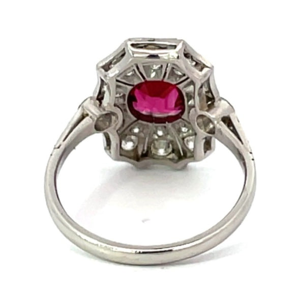 Front view of 0.97ct Cushion Cut Natural Burma Ruby Cocktail Ring, Diamond Halo, Platinum