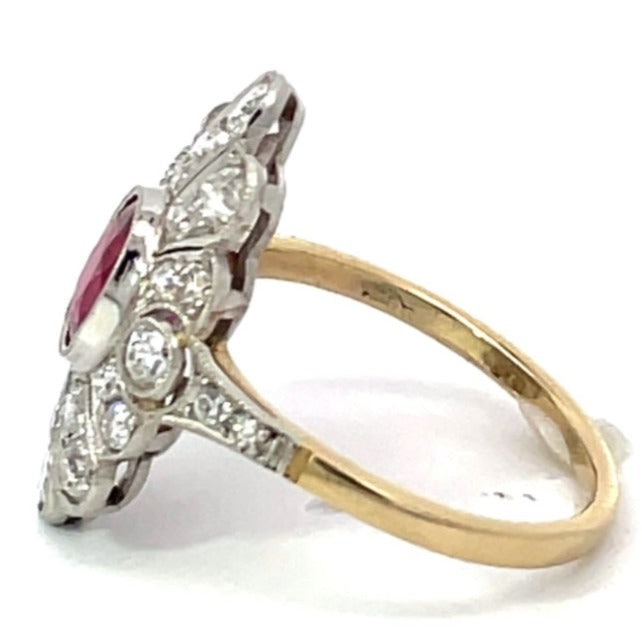 Side view of 1.52ct Oval Cut Ruby Cocktail Ring, Diamond Halo, Platinum & 18k Yellow Gold