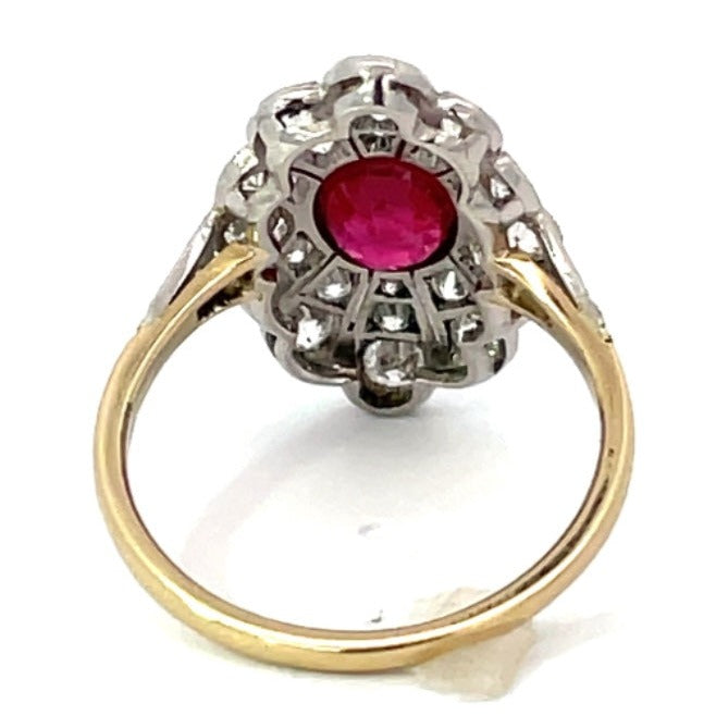 Back view of 1.52ct Oval Cut Ruby Cocktail Ring, Diamond Halo, Platinum & 18k Yellow Gold