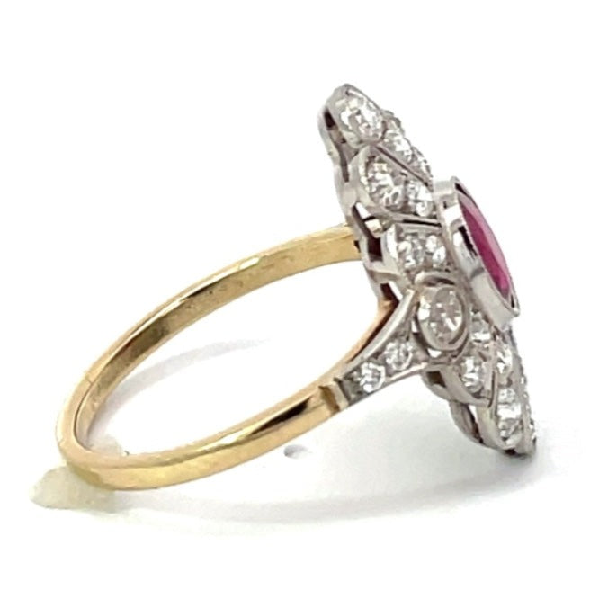 Side view of 1.52ct Oval Cut Ruby Cocktail Ring, Diamond Halo, Platinum & 18k Yellow Gold