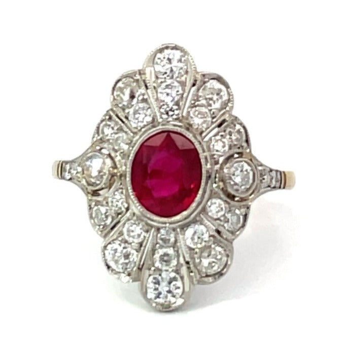 Front view of 1.52ct Oval Cut Ruby Cocktail Ring, Diamond Halo, Platinum & 18k Yellow Gold