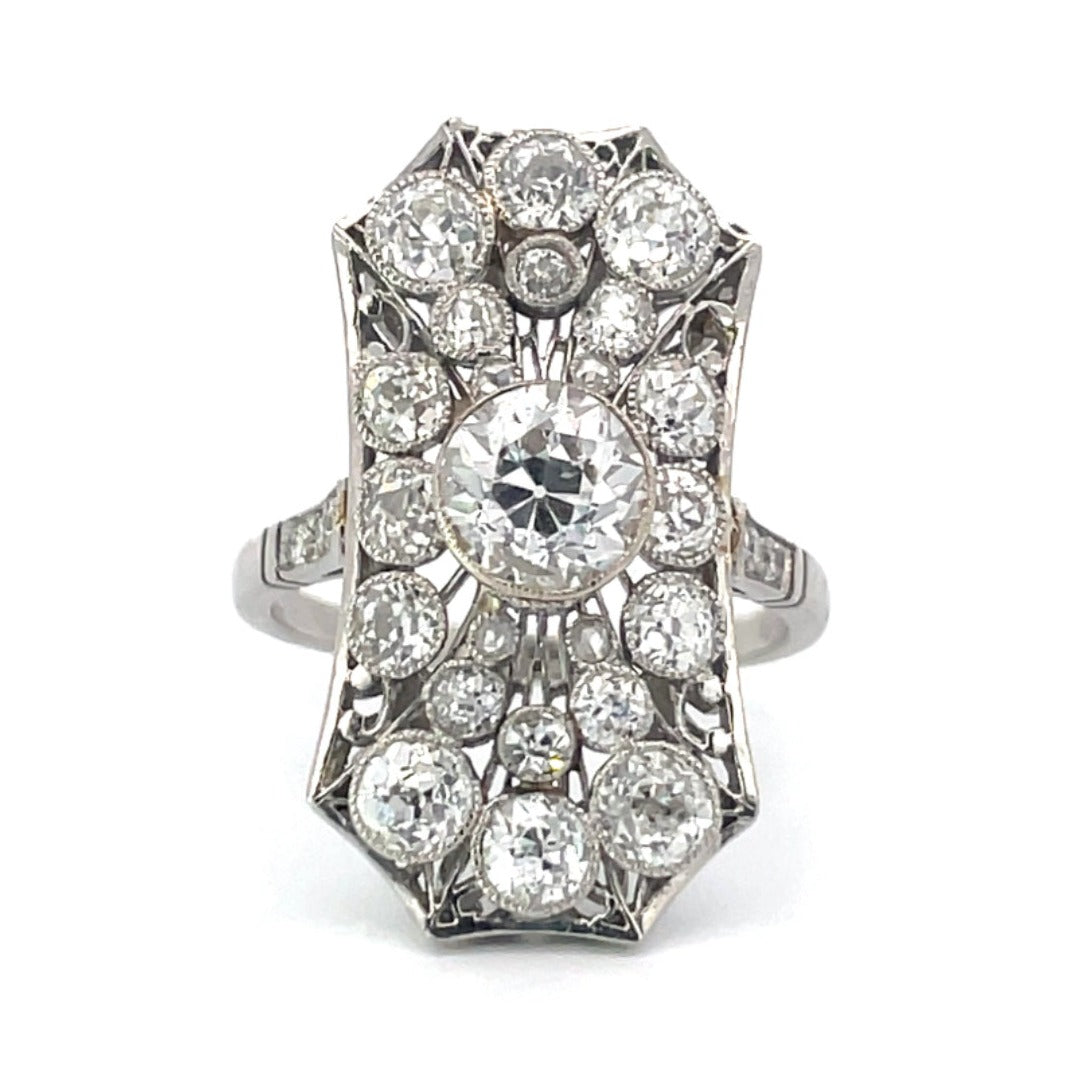 Front view of Antique 1.00ct Old European Cut Diamond Cocktail Ring, I color, Platinum