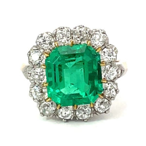 Front view of GIA 4.55ct Natural Colombian Emerald Cluster Ring, Platinum & 18k Yellow Gold