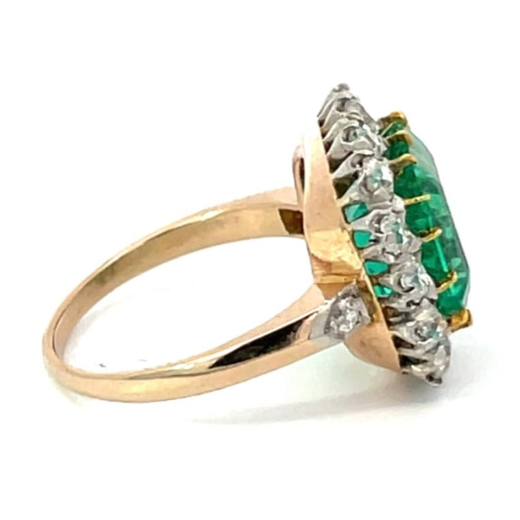 Side view of GIA 4.55ct Natural Colombian Emerald Cluster Ring, Platinum & 18k Yellow Gold
