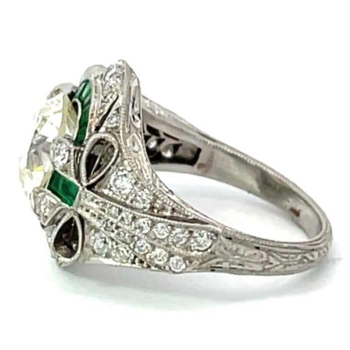Side view of 2.66ct Old European Cut Diamond Engagement Ring, Emerald Halo, Platinum