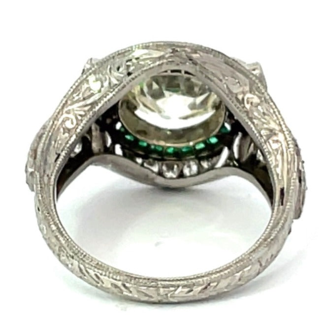 Back view of 2.66ct Old European Cut Diamond Engagement Ring, Emerald Halo, Platinum