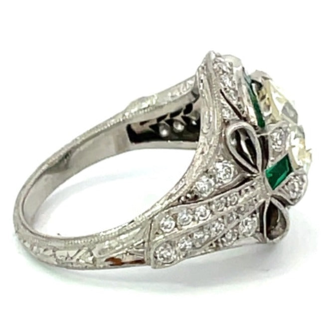 Side view of 2.66ct Old European Cut Diamond Engagement Ring, Emerald Halo, Platinum