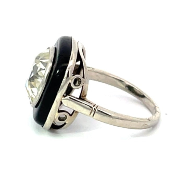 Side view of Antique 4.30ct Cushion Cut Diamond Engagement Ring, Onyx Halo, 18K White Gold